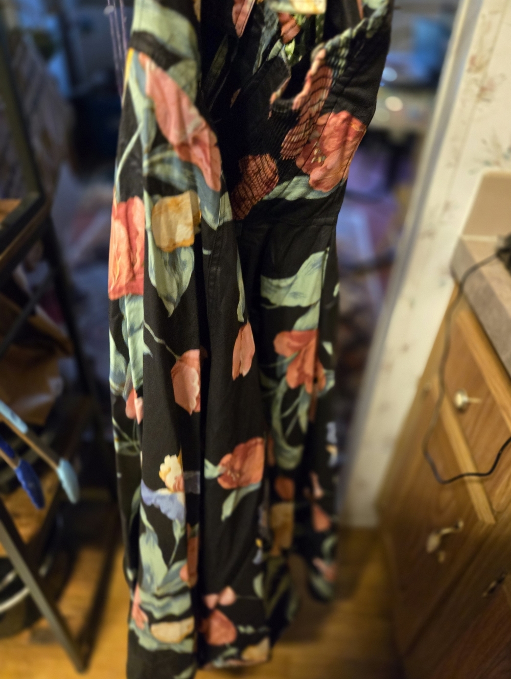 Black Floral Maxi Dress with Coral & Green Print